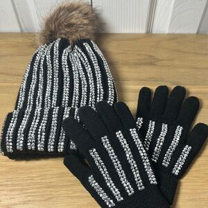 Black and Silver Rhinestone Beanie & Gloves with Faux Fur Pom